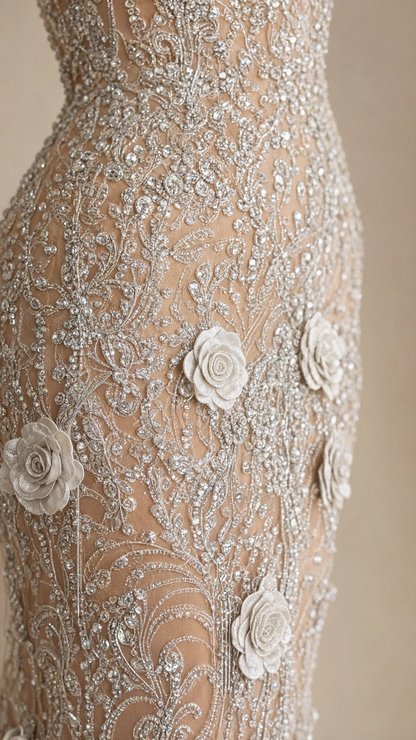 Close-up detail of 3D floral appliqués and intricate bead embroidery on champagne gown