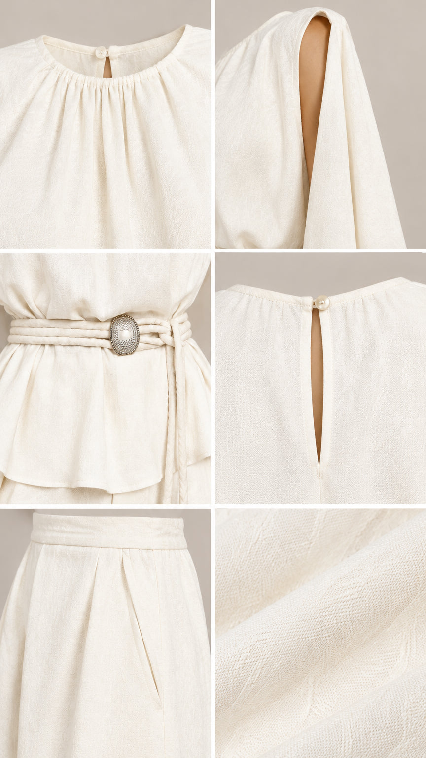 Close-up detail shots showing gathered neckline, cape sleeve slit, belted peplum waist, back button keyhole, and fabric texture