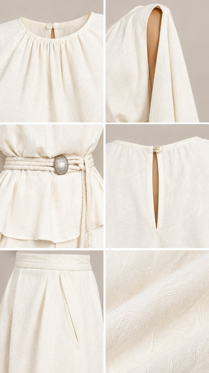 Close-up detail shots showing gathered neckline, cape sleeve slit, belted peplum waist, back button keyhole, and fabric texture