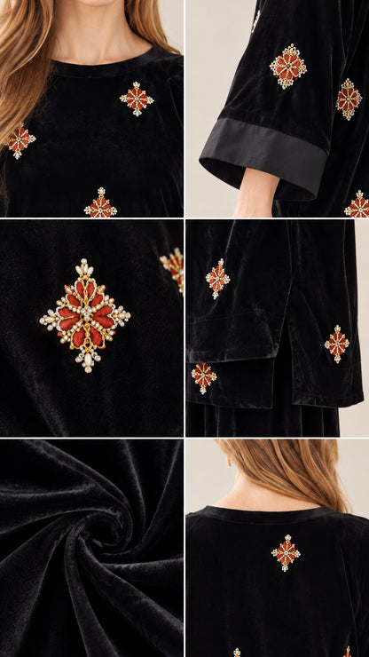Close-up details of embroidered motifs, sleeve cuffs, and rich velvet texture