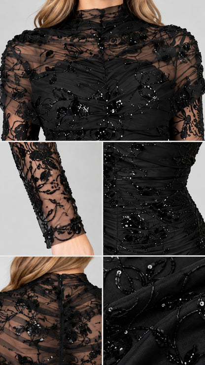 Close-up details of black floral sequin embroidery, sheer mesh sleeves, and ruching