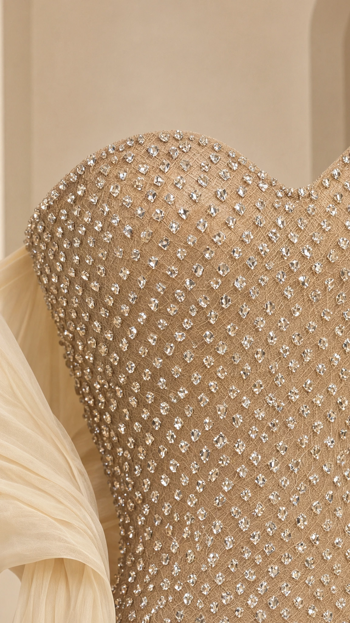 Close-up detail of sweetheart neckline showing intricate crystal and rhinestone embellishments