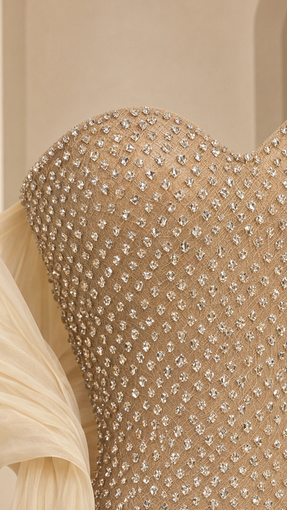 Close-up detail of sweetheart neckline showing intricate crystal and rhinestone embellishments