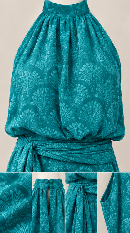 Detailed close-up of teal halter neckline, waist sash drape, and textured print