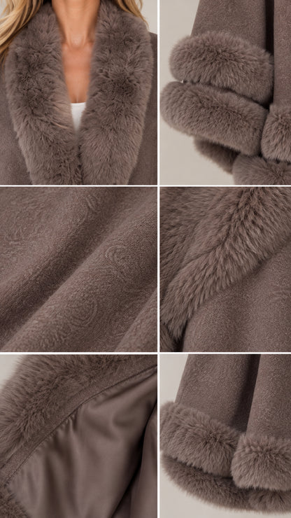 Detailed close-ups of faux fur trim, soft fabric texture, and interior lining