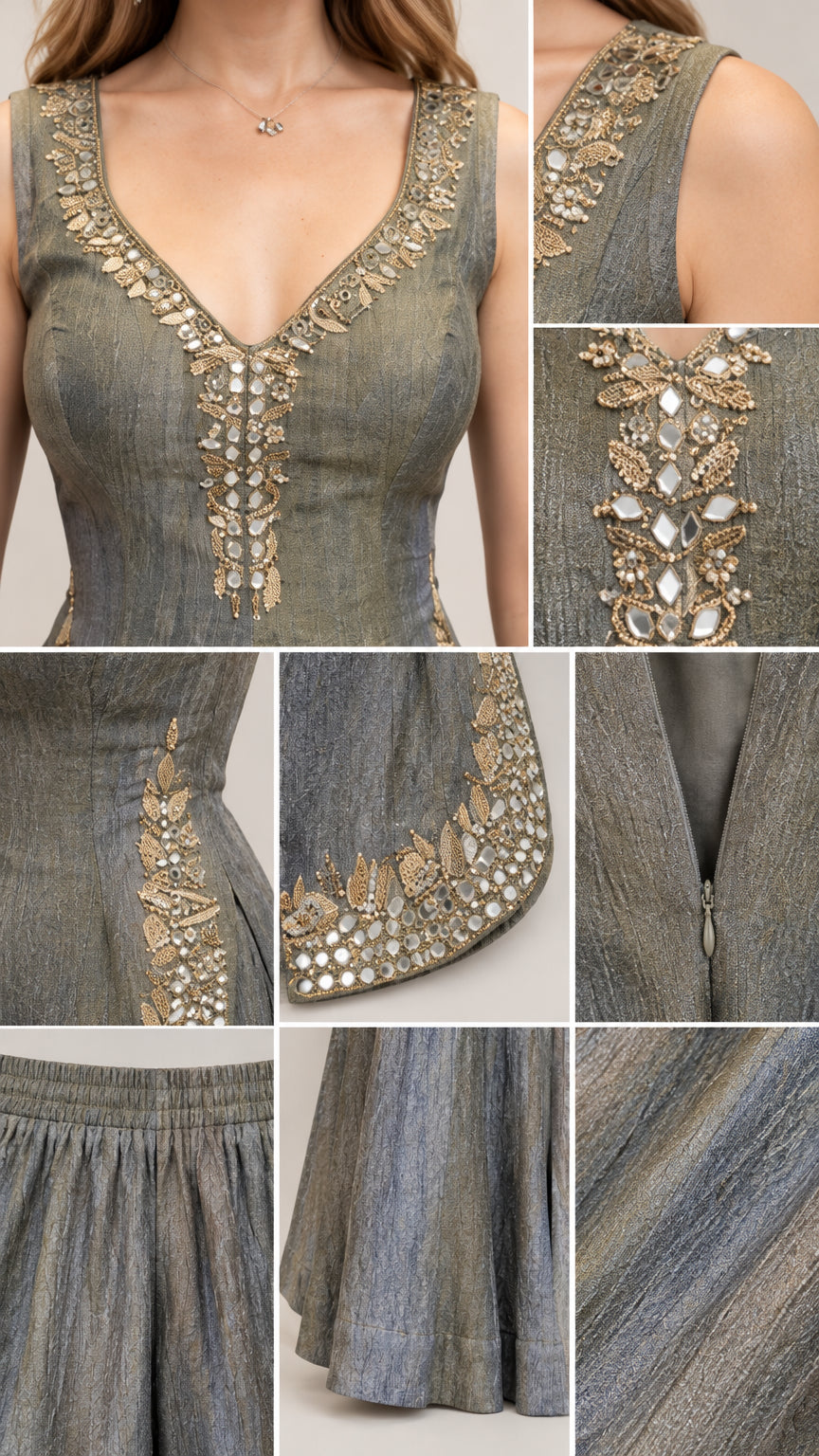 Close-up details of metallic embroidery, beaded neckline, scalloped hem, and fabric texture