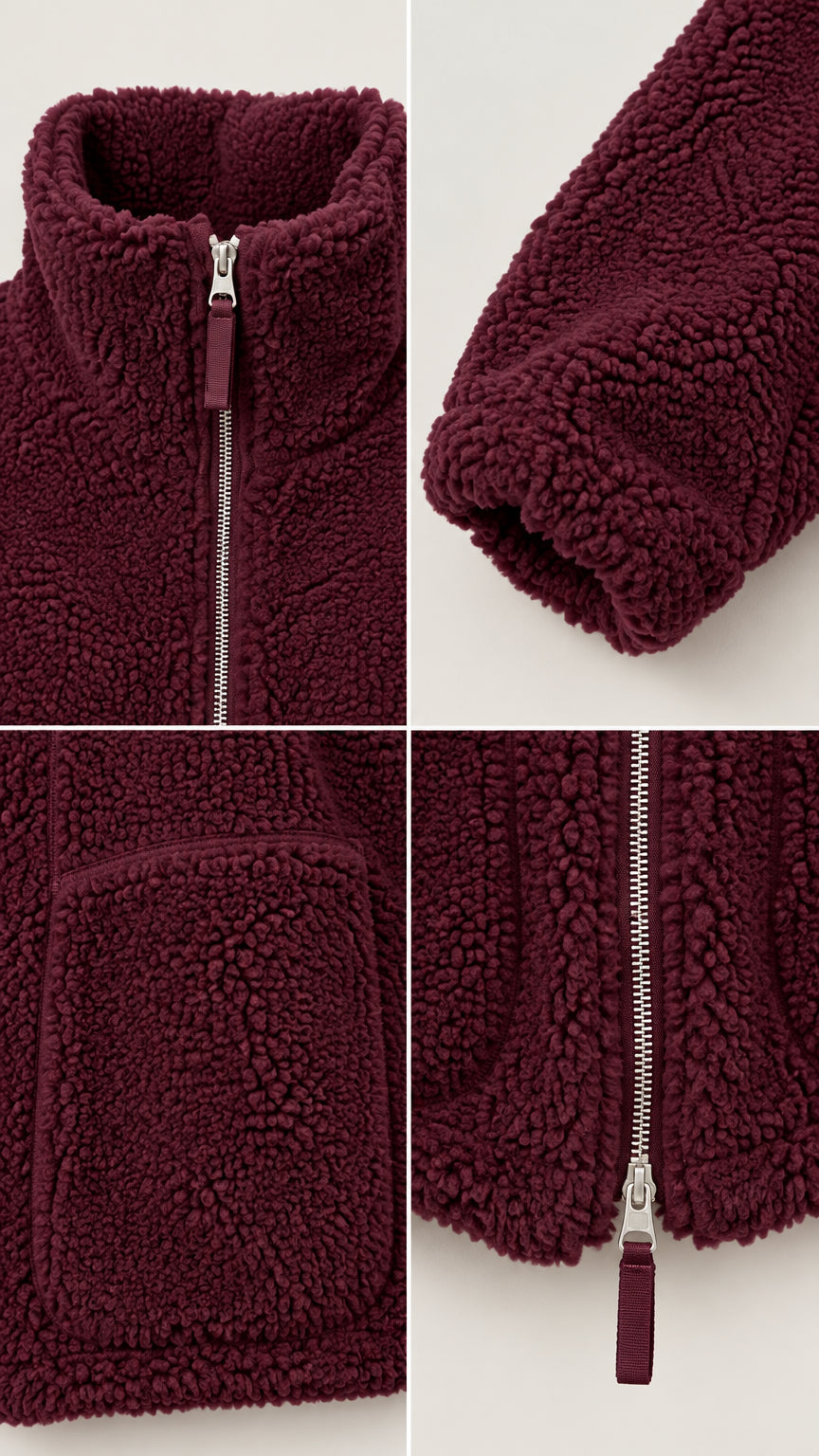 Close-up details of burgundy teddy fleece zipper, collar, and pocket textures