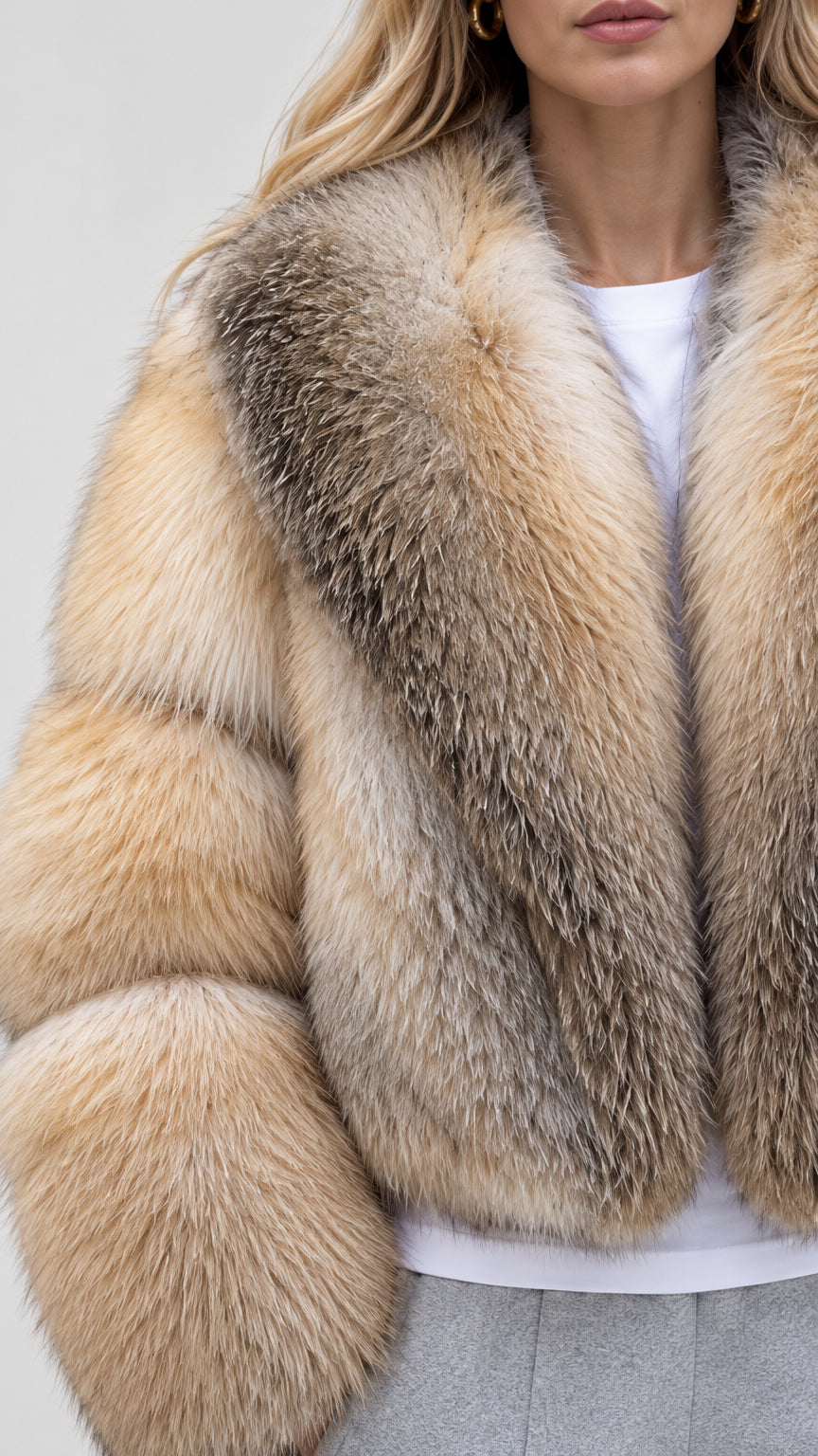 Close-up detail of textured Honey Camel faux fur jacket and wide lapel collar