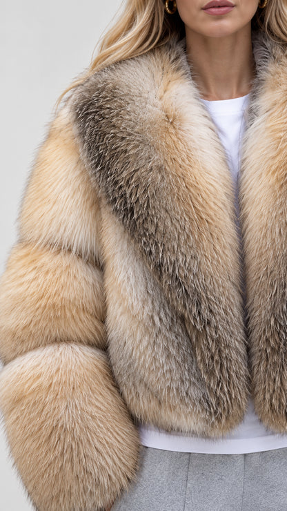 Close-up detail of textured Honey Camel faux fur jacket and wide lapel collar