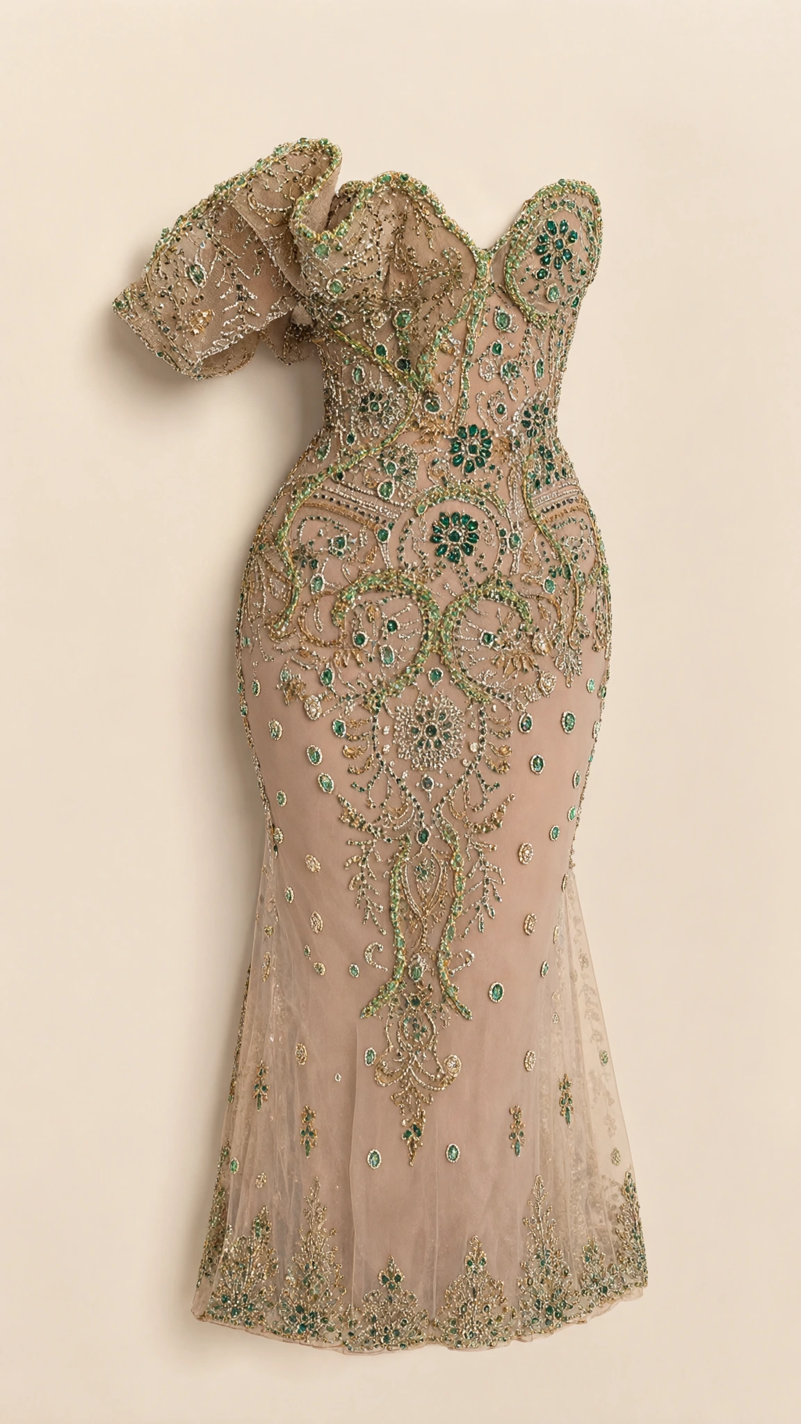 Flat display of champagne beaded sweetheart gown with structural ruffle shoulder