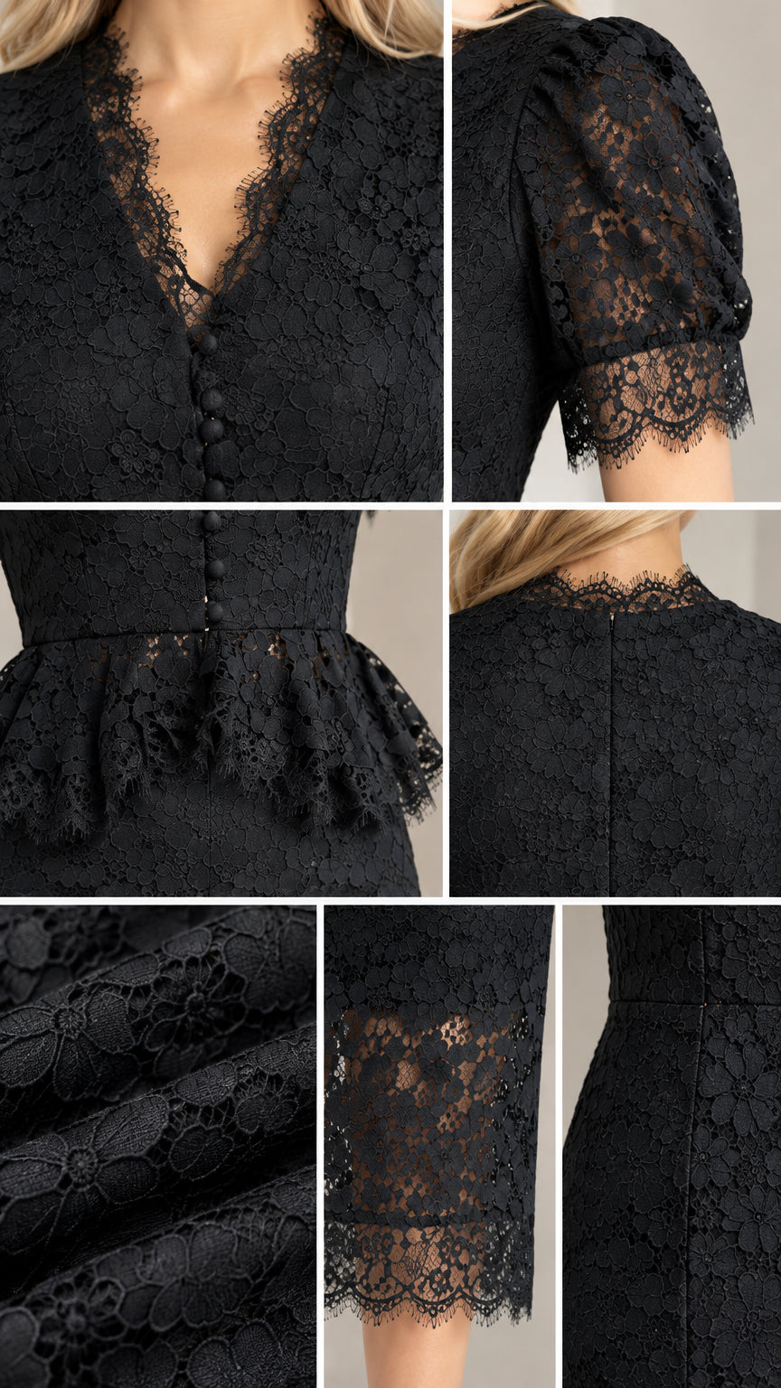 Close-up details of scalloped V-neckline, buttons, peplum waist, and lace cuffs