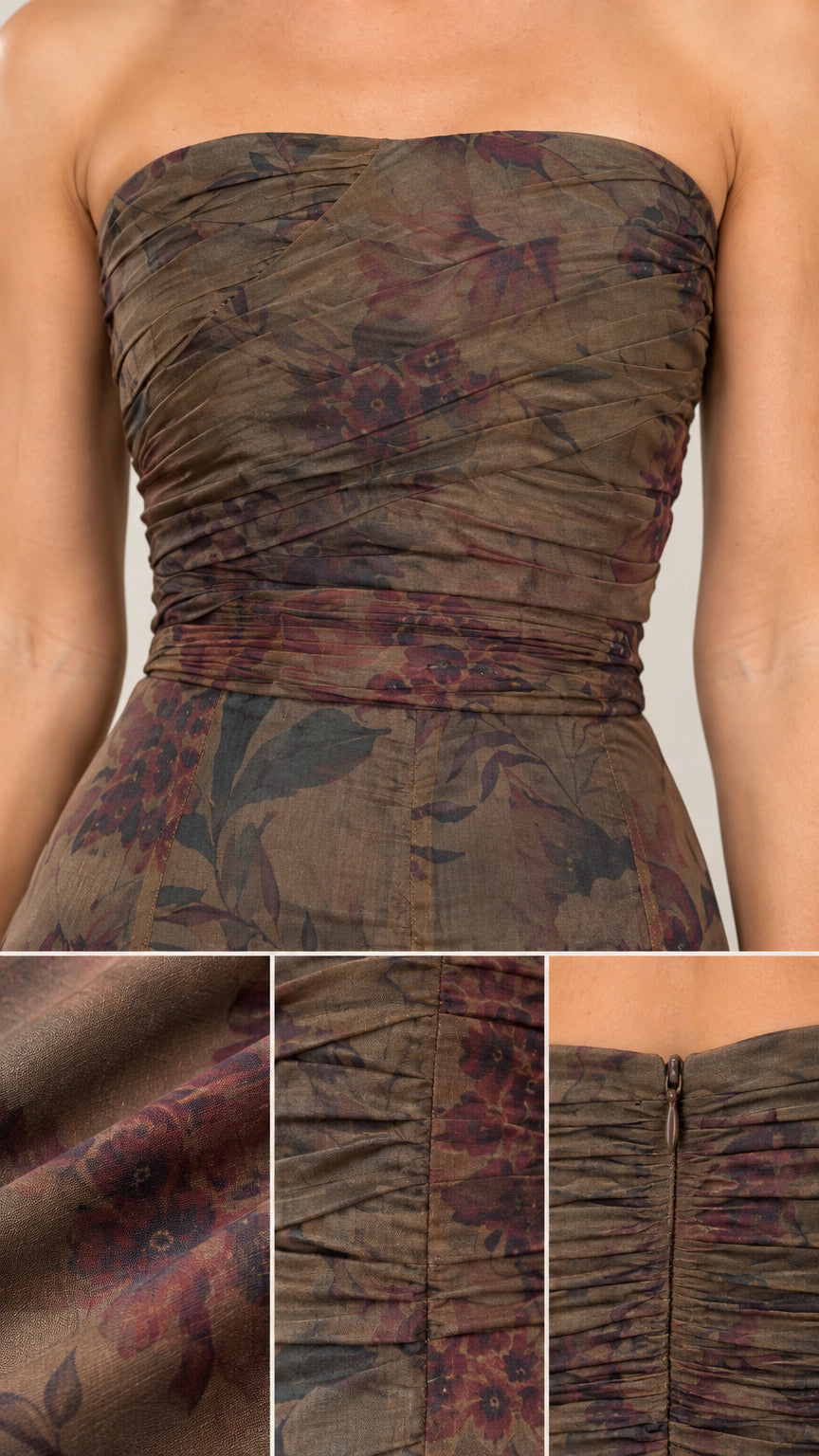 Detailed close-up of ruched bodice, floral print fabric, and back zipper