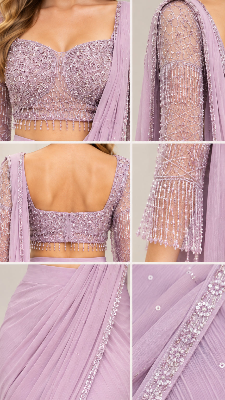 Close-up details of sequin embroidery, fringe hem, and pleats on lavender saree top and skirt