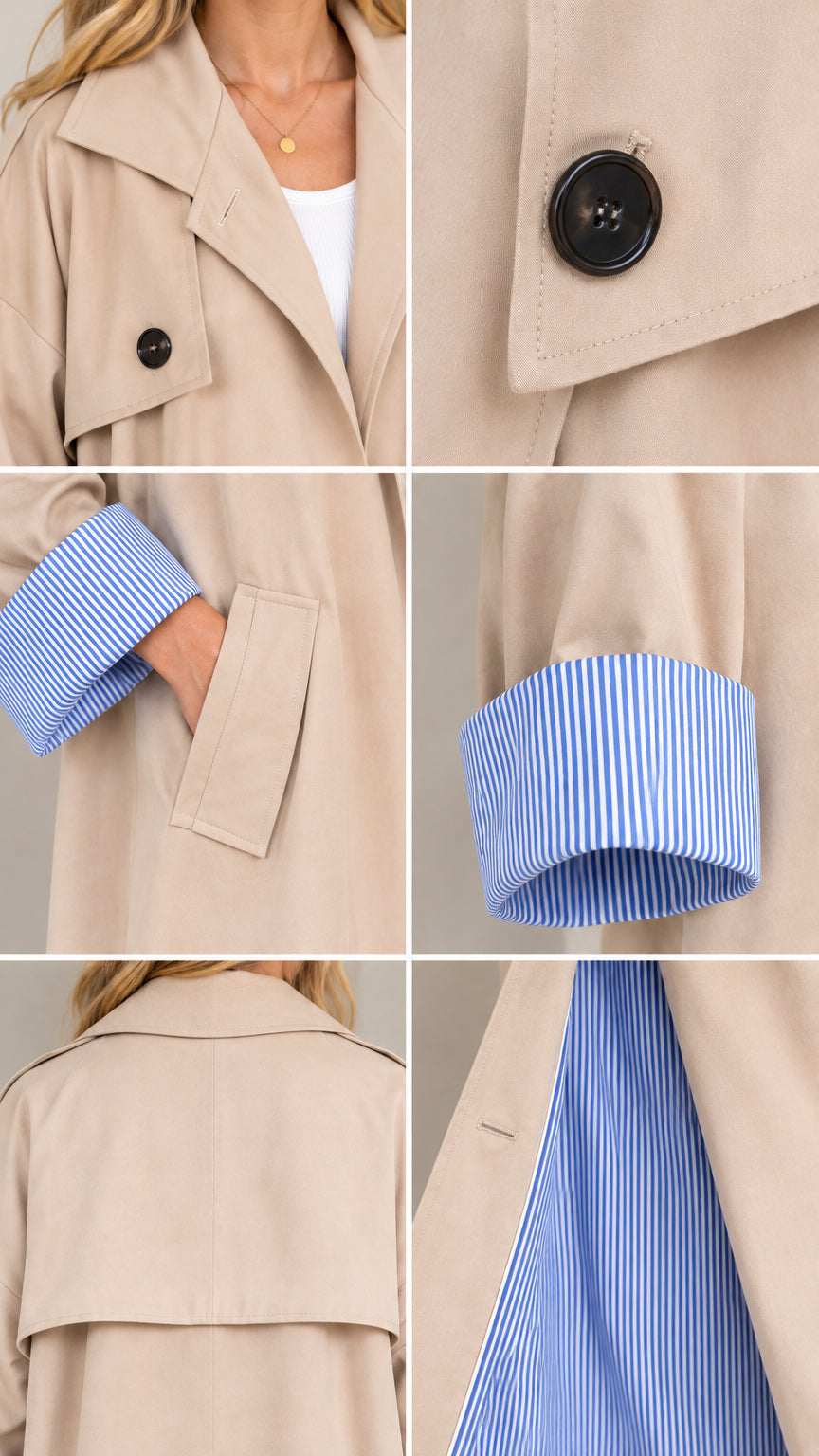 Close-up details of button accents, striped cuff lining, and side slit