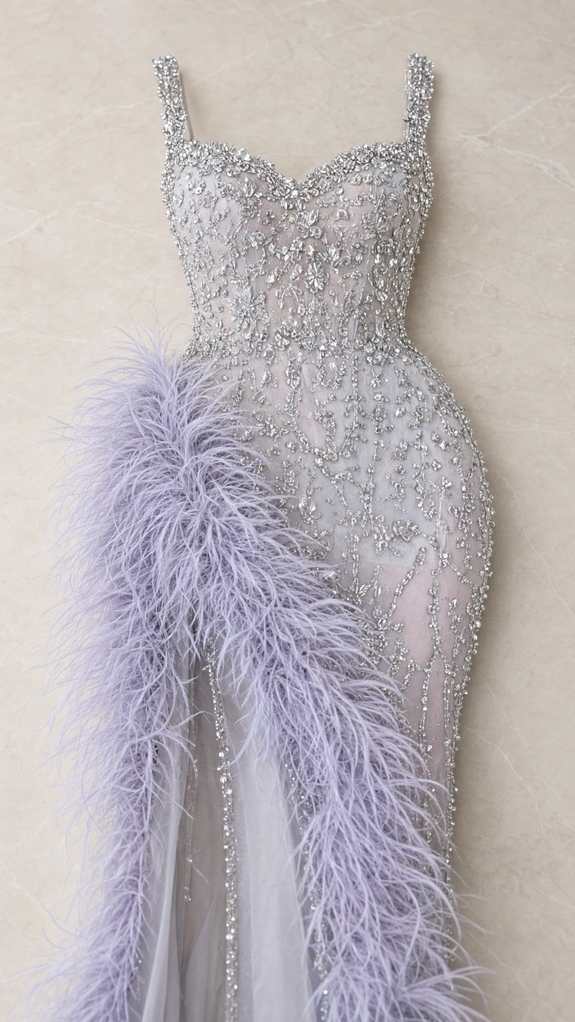Close-up detail of bodice beadwork and lavender-blue feather trim