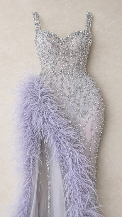 Close-up detail of bodice beadwork and lavender-blue feather trim