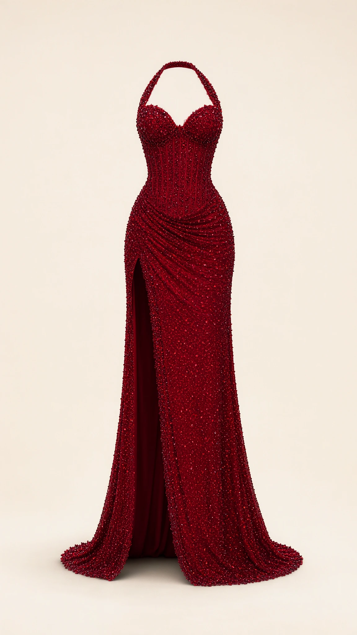 Studio cutout of Burgundy glitter halter sweetheart corset evening dress