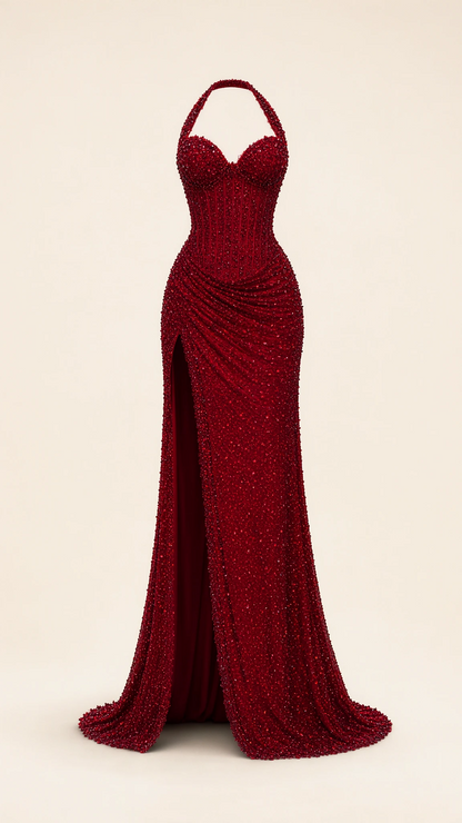Studio cutout of Burgundy glitter halter sweetheart corset evening dress