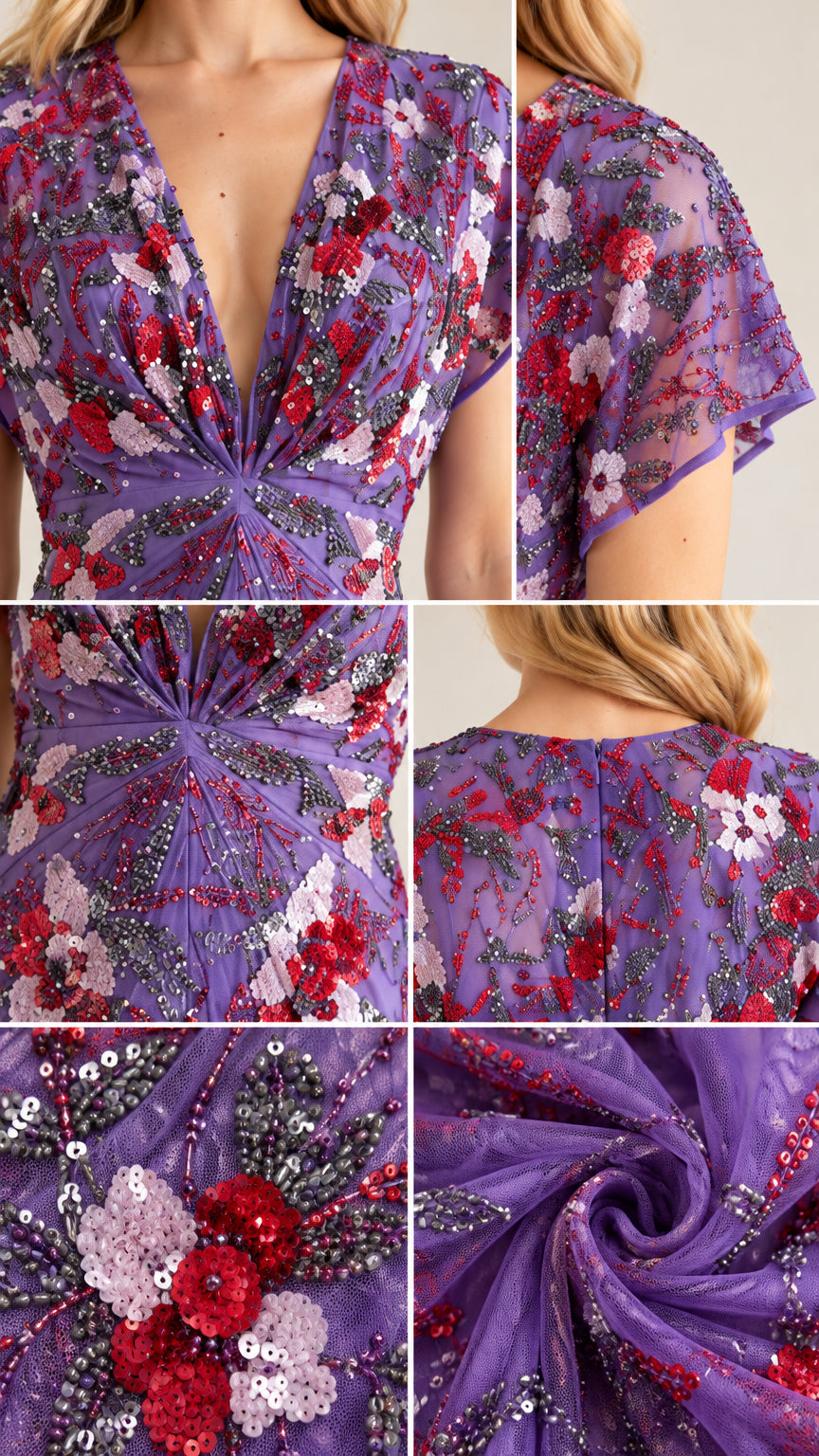 Close-up details of ruched bodice, floral beading, and sheer sleeve construction