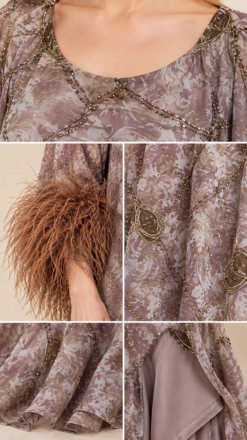 Close-up details of beaded scoop neckline, feather cuff trim, and inner lining finish