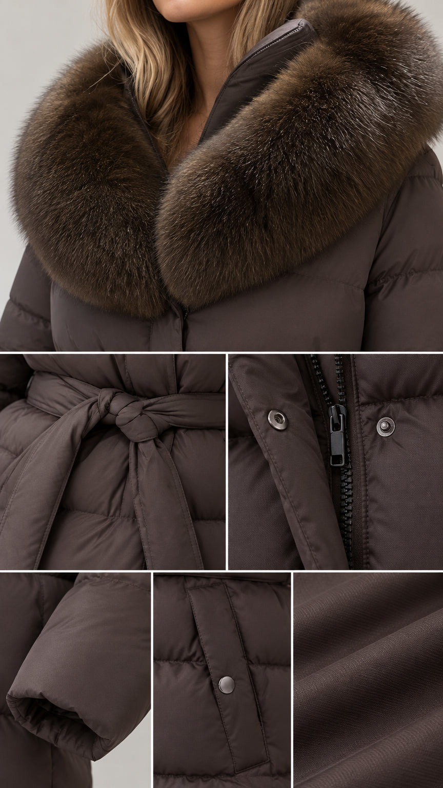 Close-up details of faux fur collar, tie waist belt, and zipper snap placket
