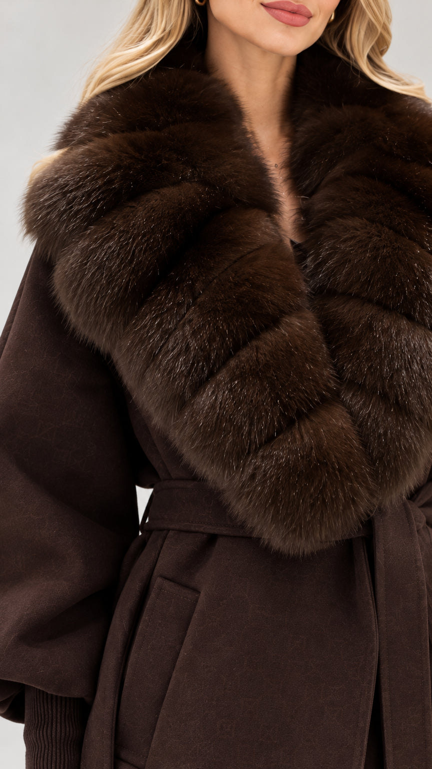 Close-up detail of the plush brown faux fur shawl collar and coat texture