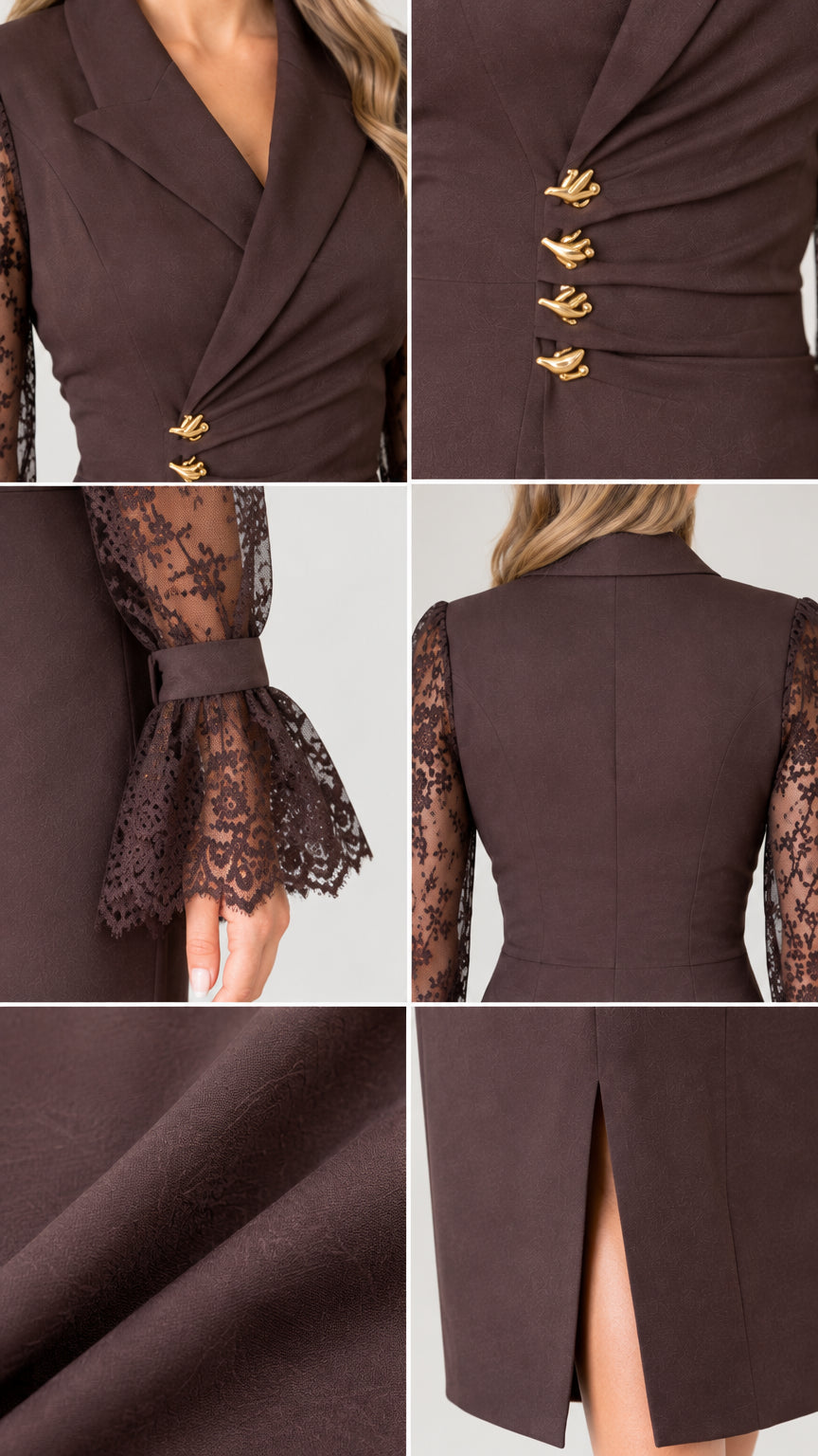 Close-up details of lapel neckline, pleated waist hardware, lace cuff, and hem slit