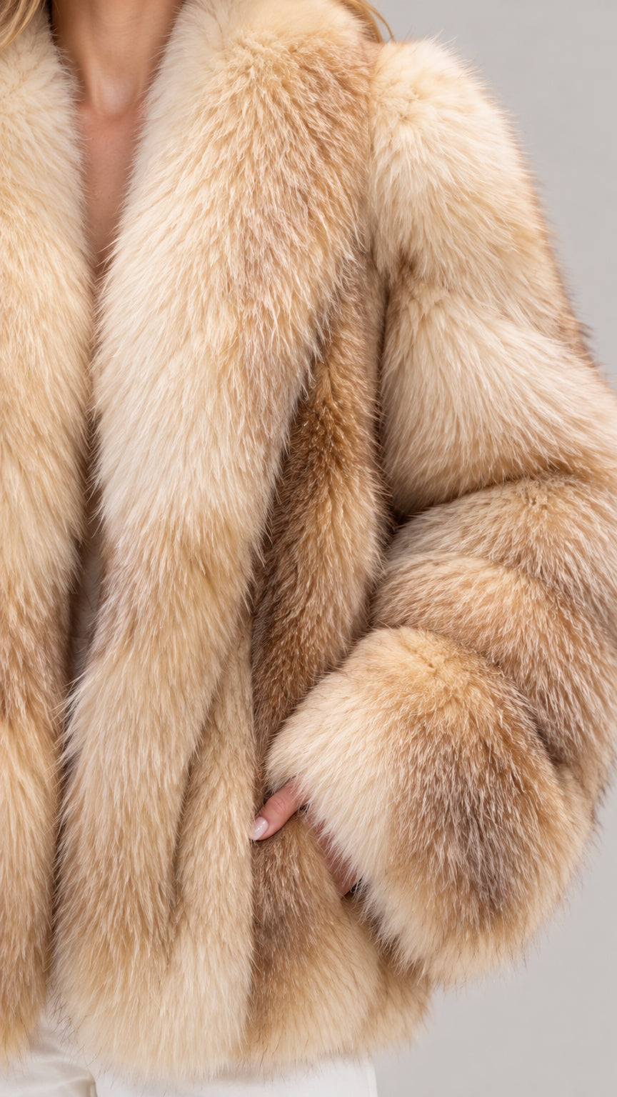 Close-up detail of Natural Beige faux fur texture and side pocket opening