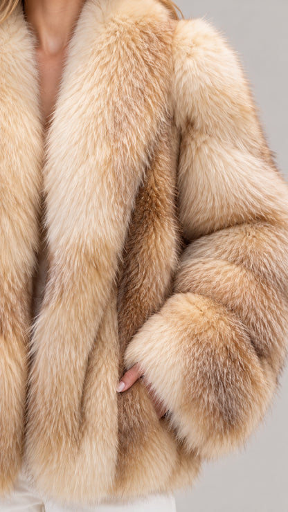 Close-up detail of Natural Beige faux fur texture and side pocket opening