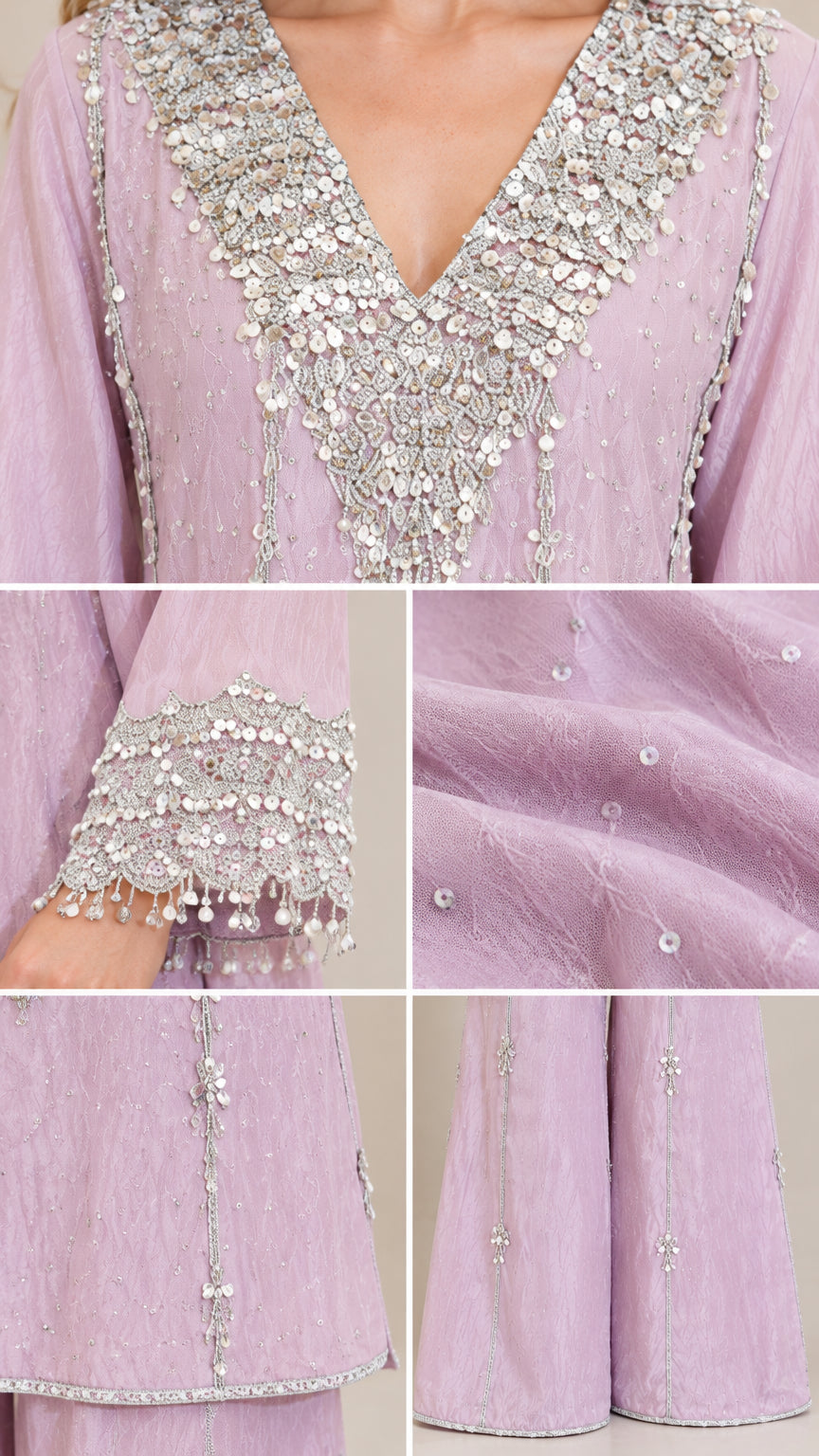 Close-up details of sequin embroidery, tassel beaded cuffs, and textured fabric