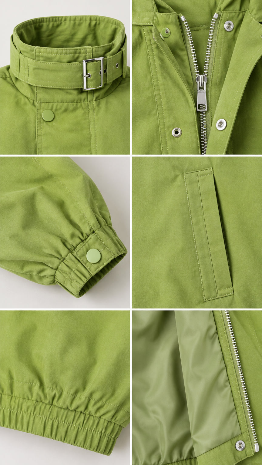 Close-up details of buckled collar, zipper placket, snap cuffs, and welt pocket