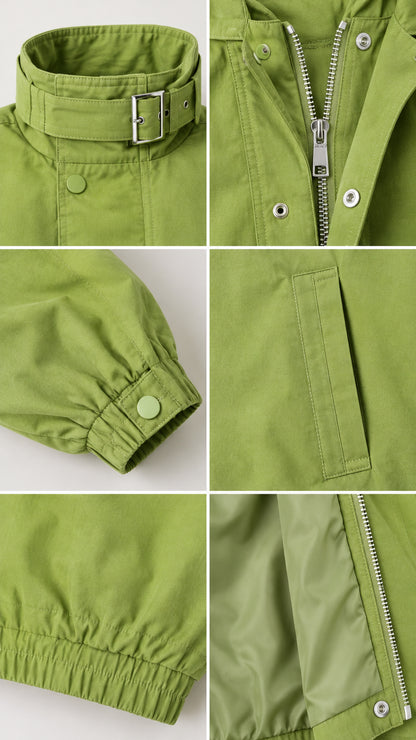 Close-up details of buckled collar, zipper placket, snap cuffs, and welt pocket
