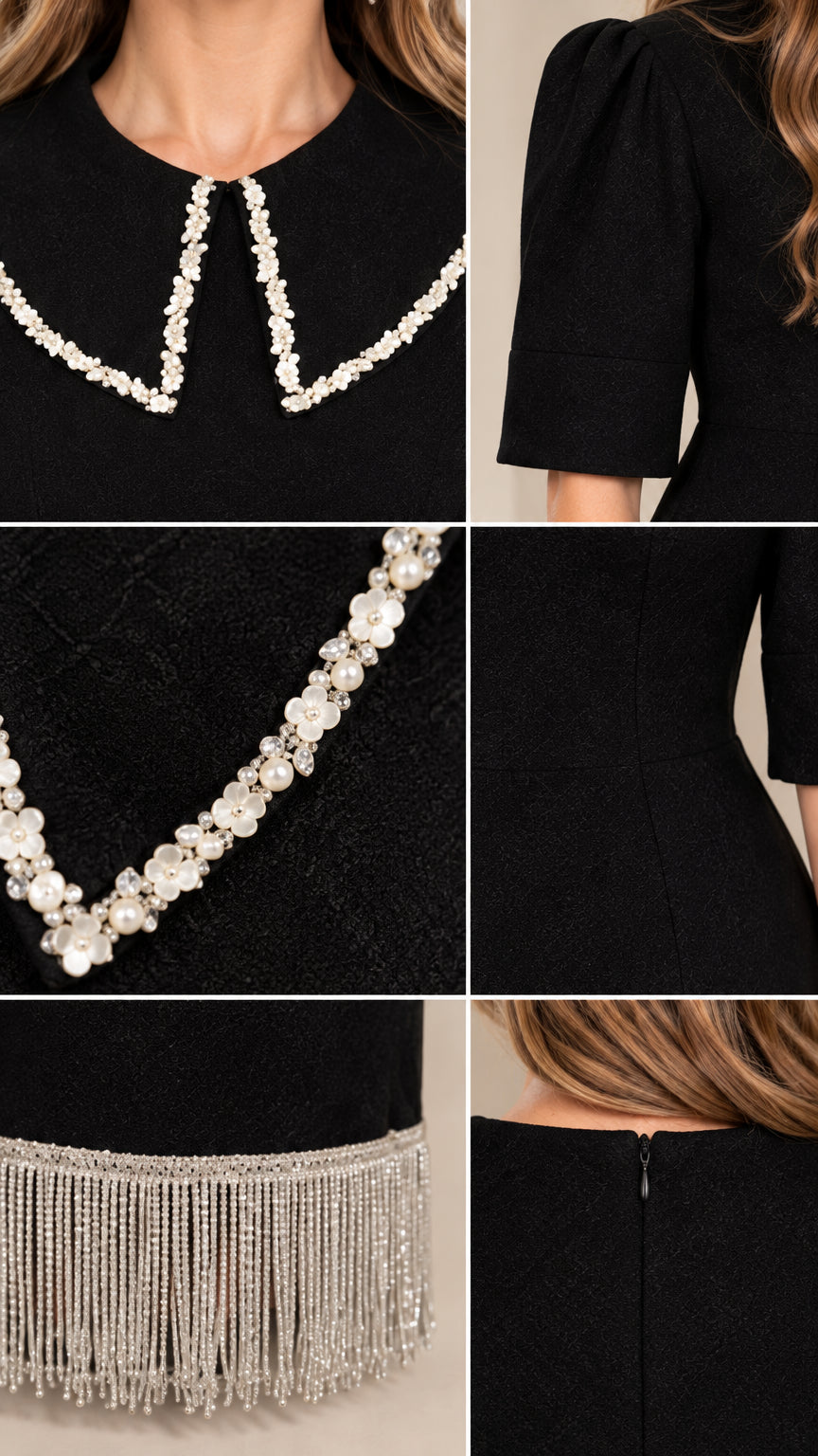Close-up details of pearl beaded collar, puff sleeve, fabric texture, fringe hem, and zipper