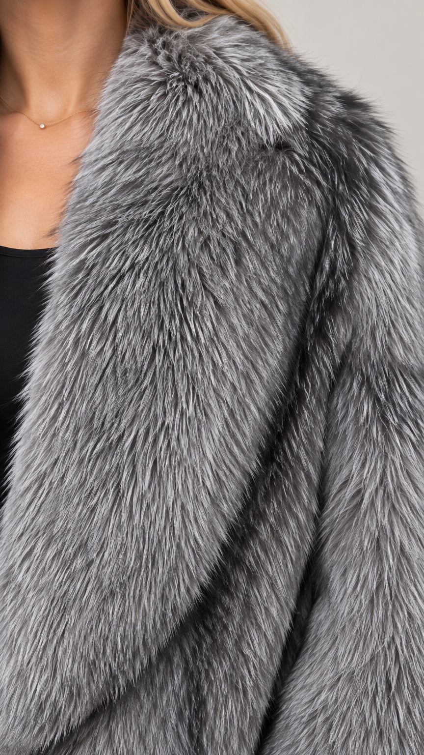 Close-up detail of textured silver grey faux fur collar and lapel