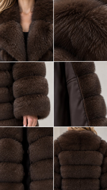 Detailed close-ups of dark brown faux fur texture, wide collar, and inner lining
