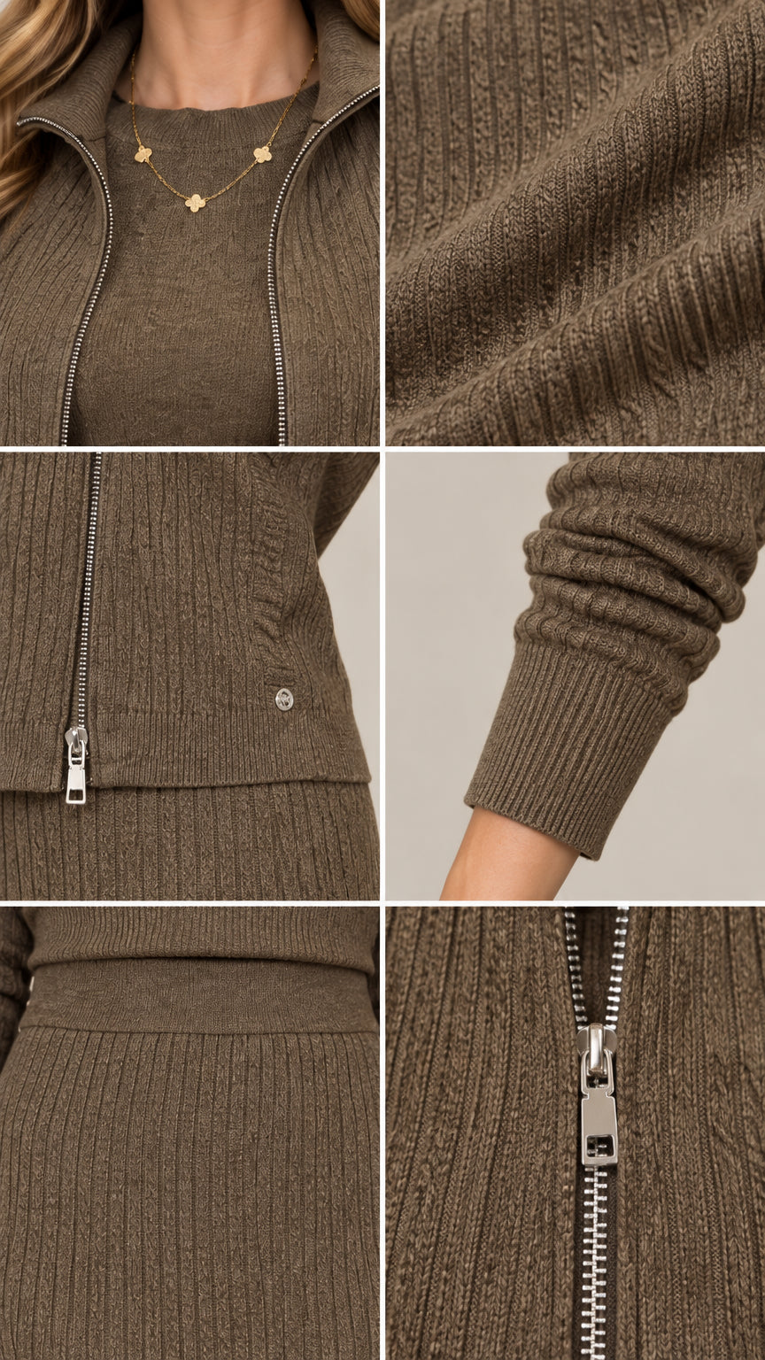 Detailed close-up collage of taupe ribbed knit texture, metallic zipper, and knitted cuffs