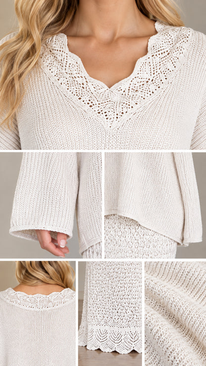 Detailed close-up of scalloped crochet neckline, knit cuffs, and textured skirt hem