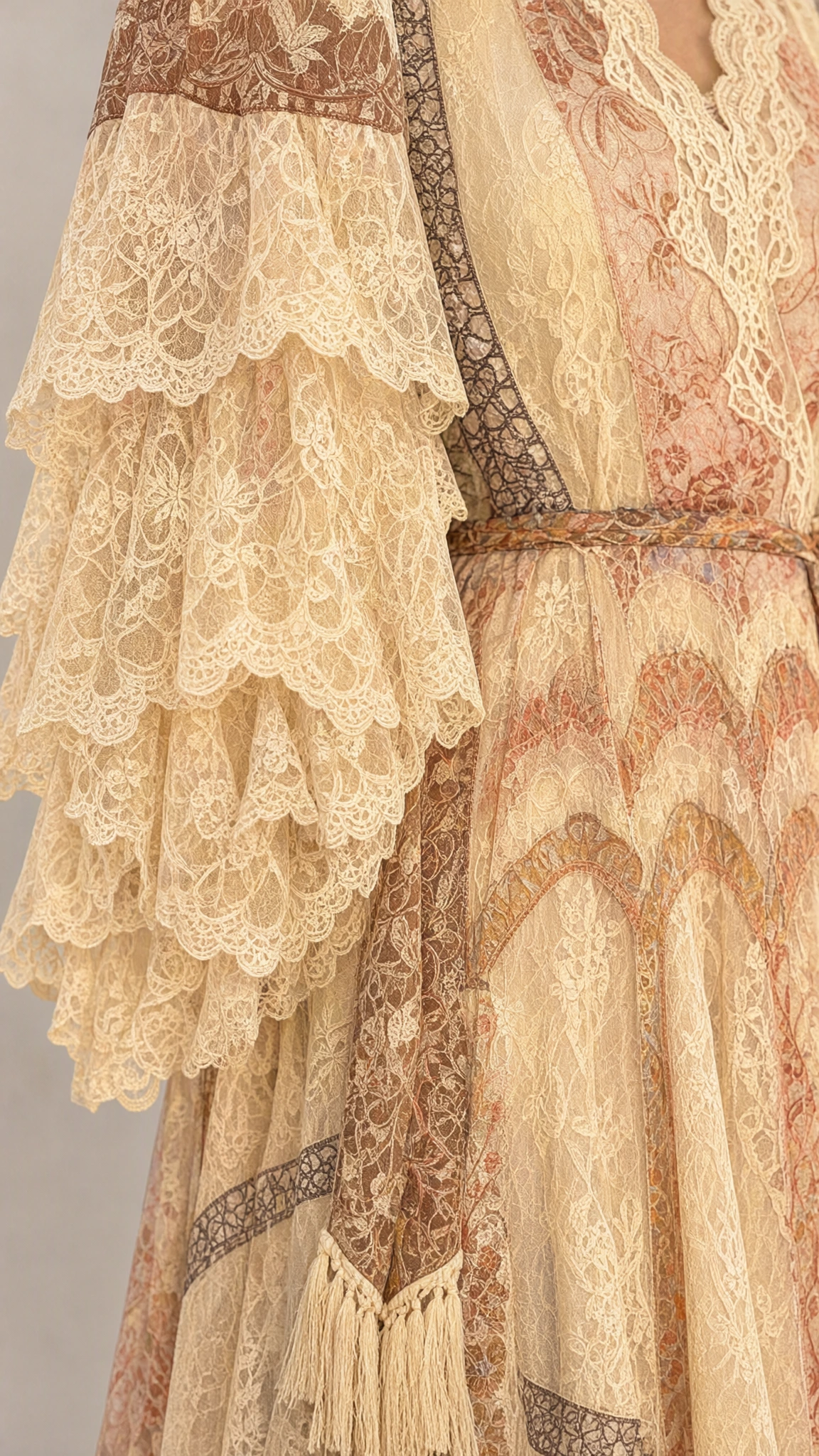 Close up of layered ruffled bell sleeves on floral lace gown