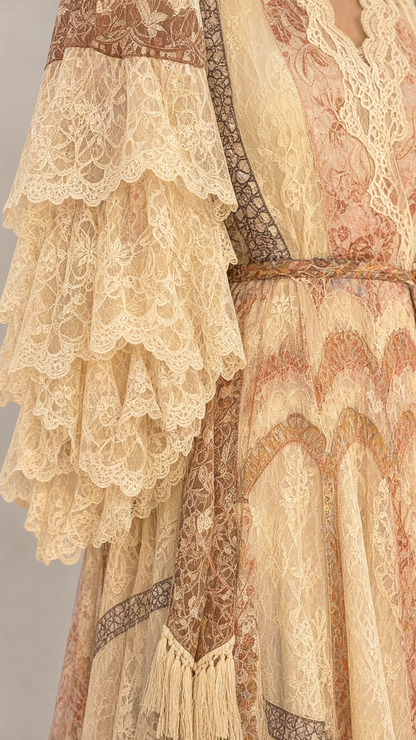 Close up of layered ruffled bell sleeves on floral lace gown