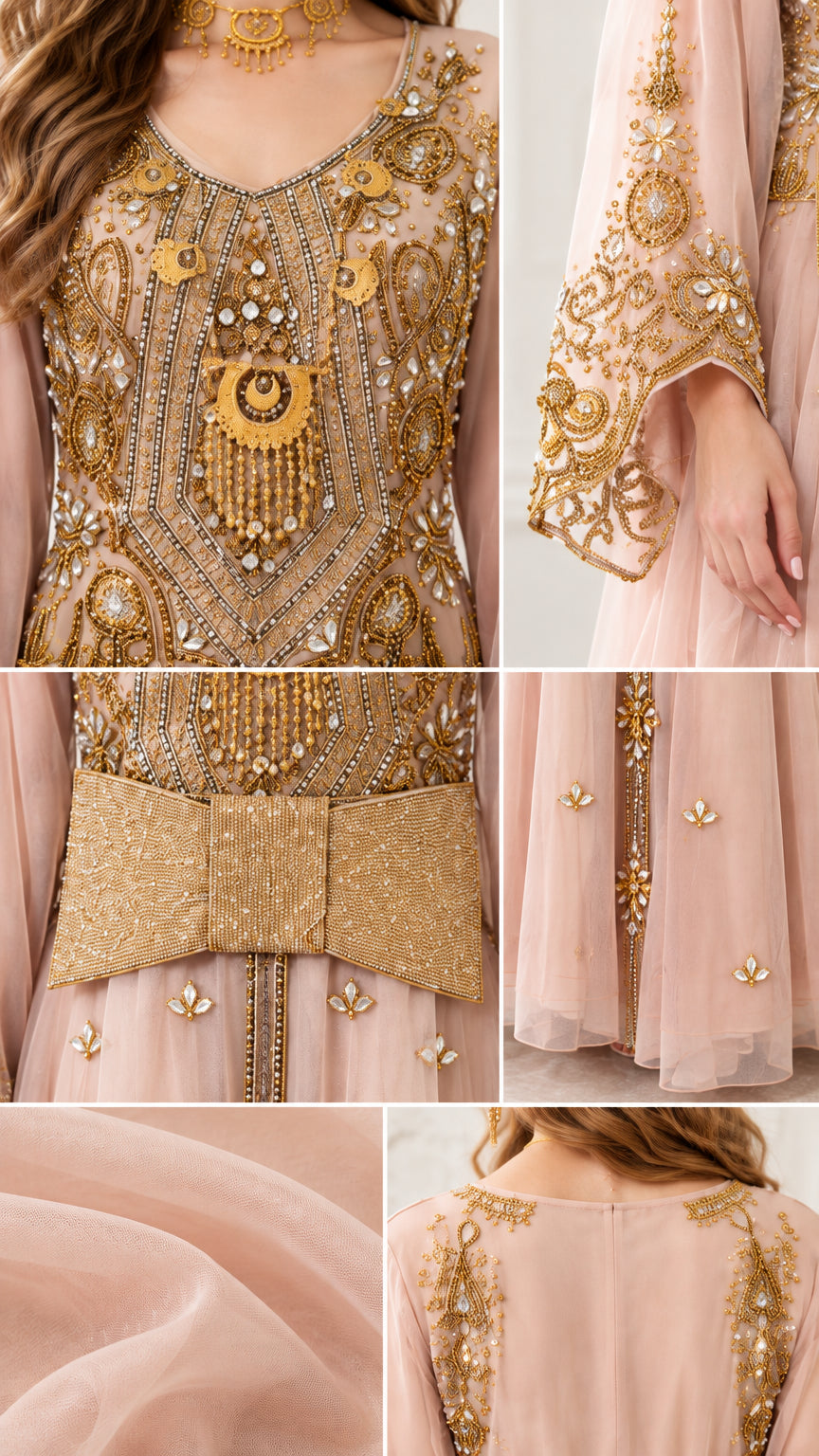 Close-up details of intricate gold embroidery, beading, and sheer fabric