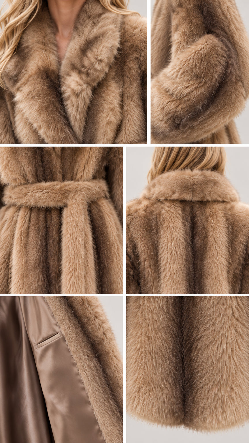 Close-up detail collage showing collar, belt, inner lining, and plush faux fur texture
