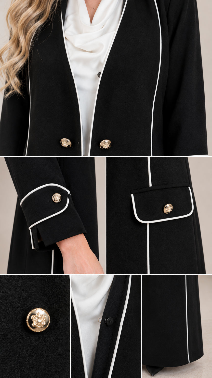 Close-up details of collarless neckline, buttoned cuffs, and flap pockets with gold-tone accents