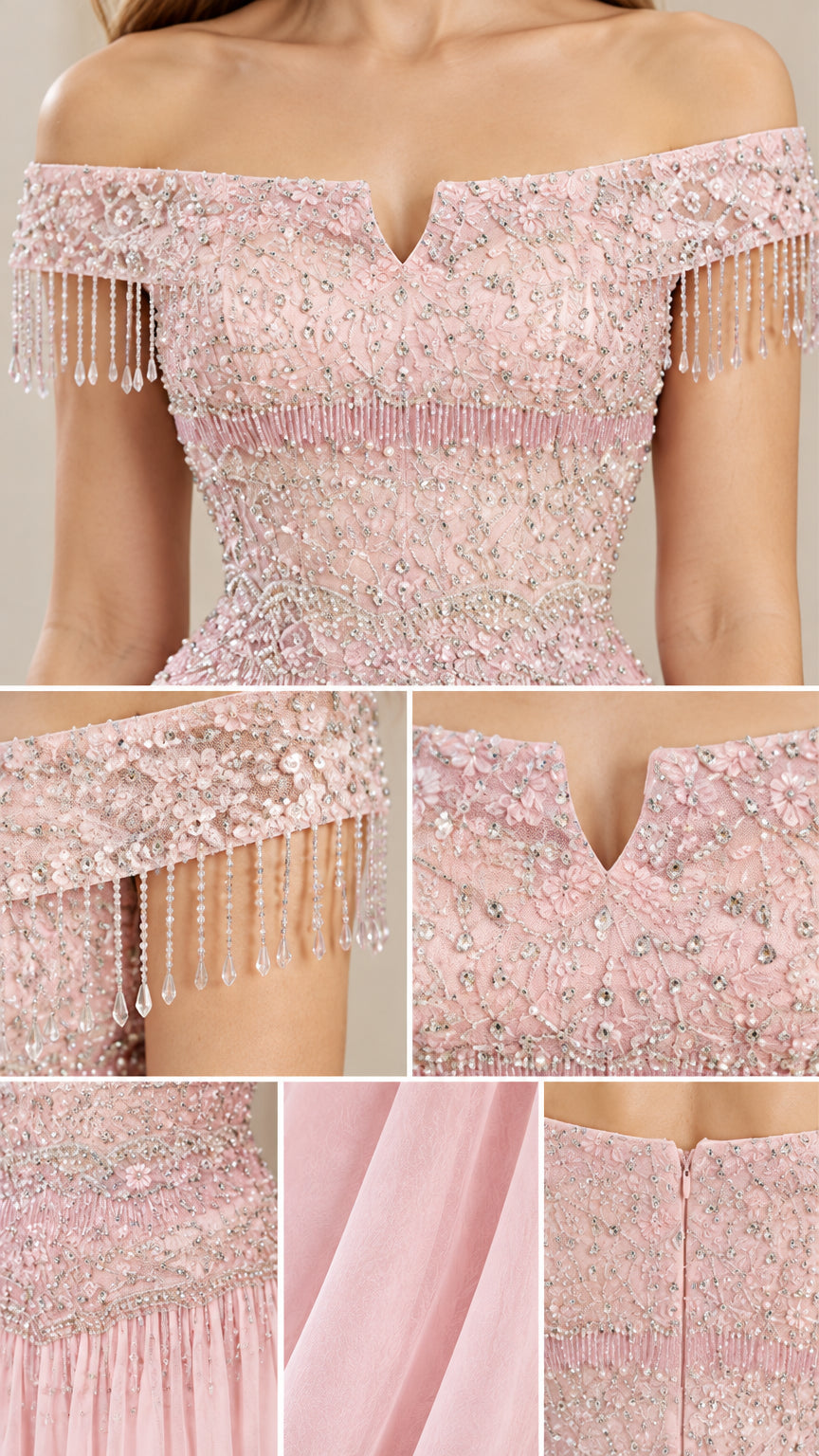 Close-up details of beaded fringe neckline, sequin bodice, and chiffon fabric