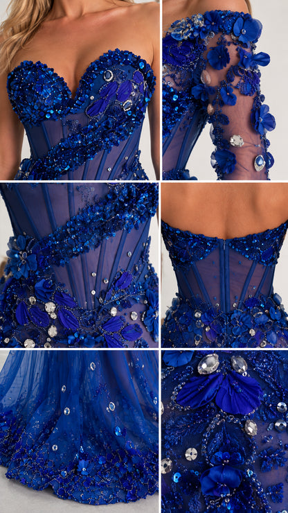Close-up details of intricate 3D floral appliqués, beadwork, and sheer corset boning
