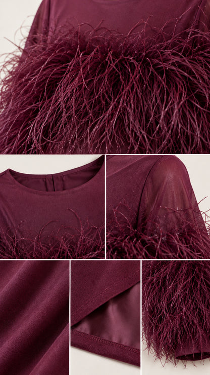 Close-up details of burgundy feather trim texture neckline and hem