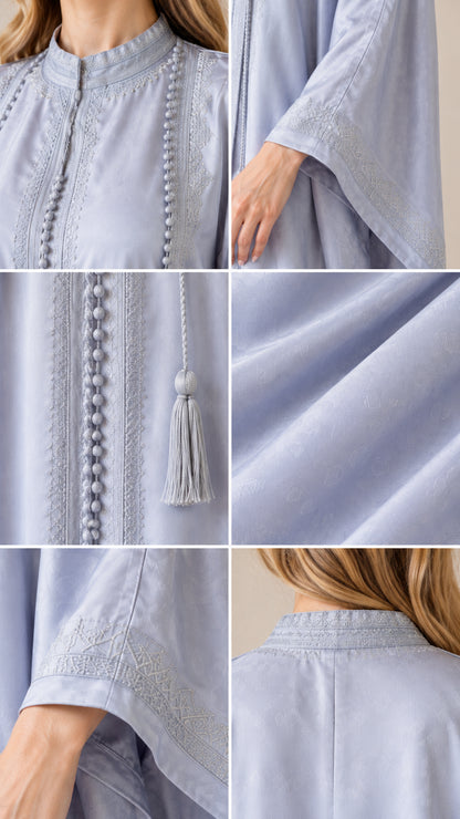 Detailed collage showing embroidery, tassel accents, textured jacquard fabric, and cuff details