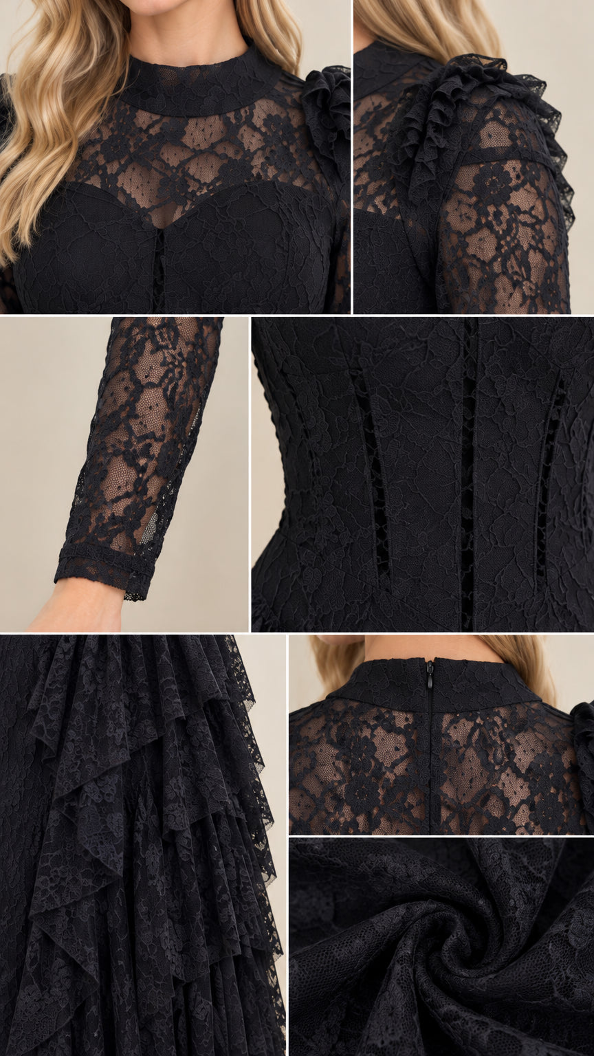 Detailed collage showing illusion neckline, sheer lace sleeve, bodice seams, and tiered lace texture