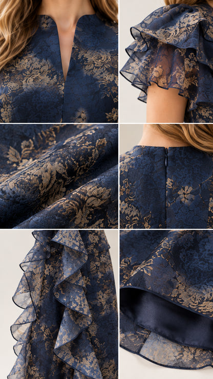 Detailed close-ups of neckline, flutter sleeve, floral fabric, back zip, and ruffles