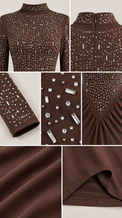 Close-up details of sparkling rhinestones, mock neckline, cuffs, and stretch fabric