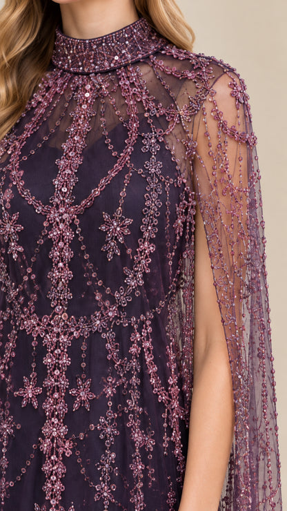 Close-up detail of high beaded neckline and delicate sequin embroidery on mesh cape